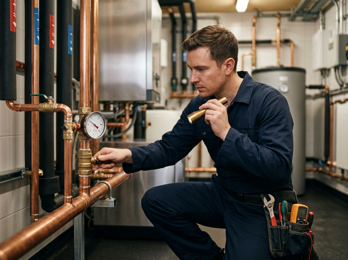 Rapid response emergency plumber inspecting copper valves with precision